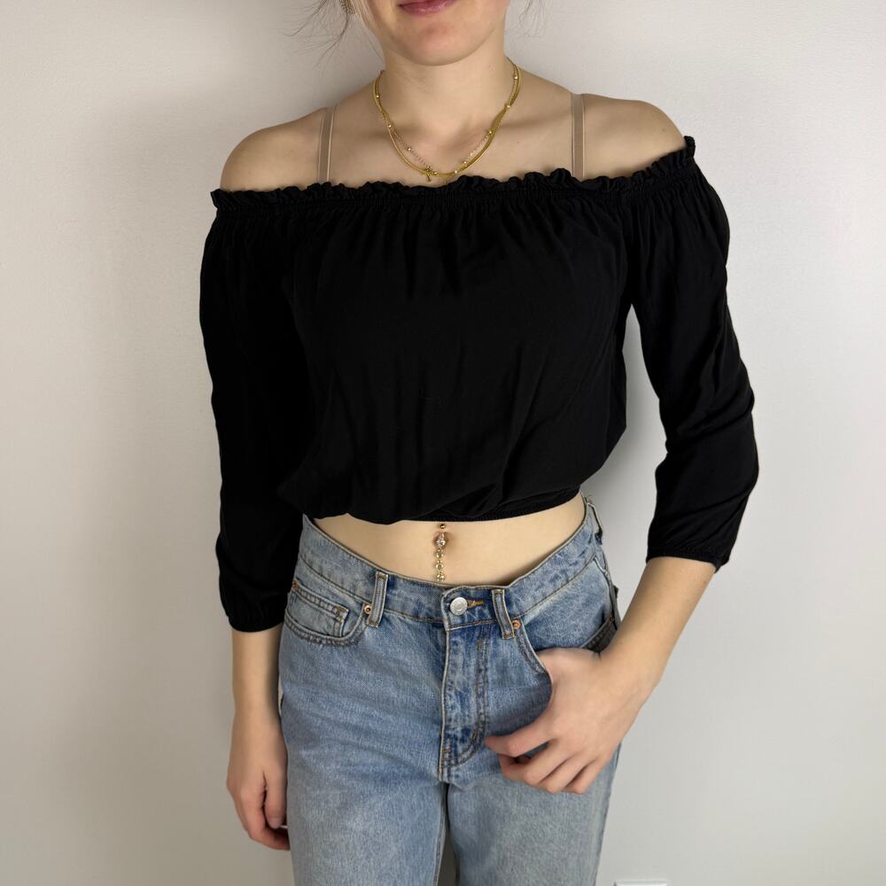 BRANDY MELVILLE BLACK OFF THE SHOULDER PEASANT 3/4 SLEEVE TOP S
